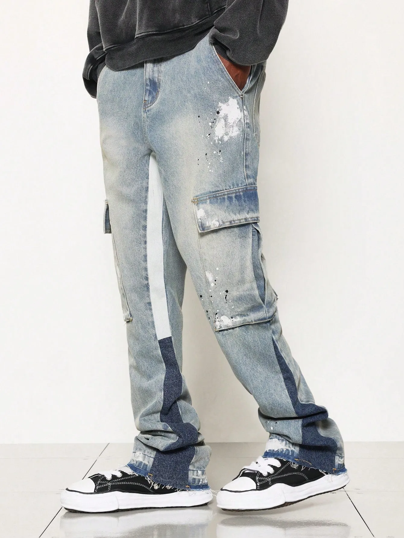 Flare Fit Colour Block Washed Raw Edge Cargo Jean With Splatter Paint