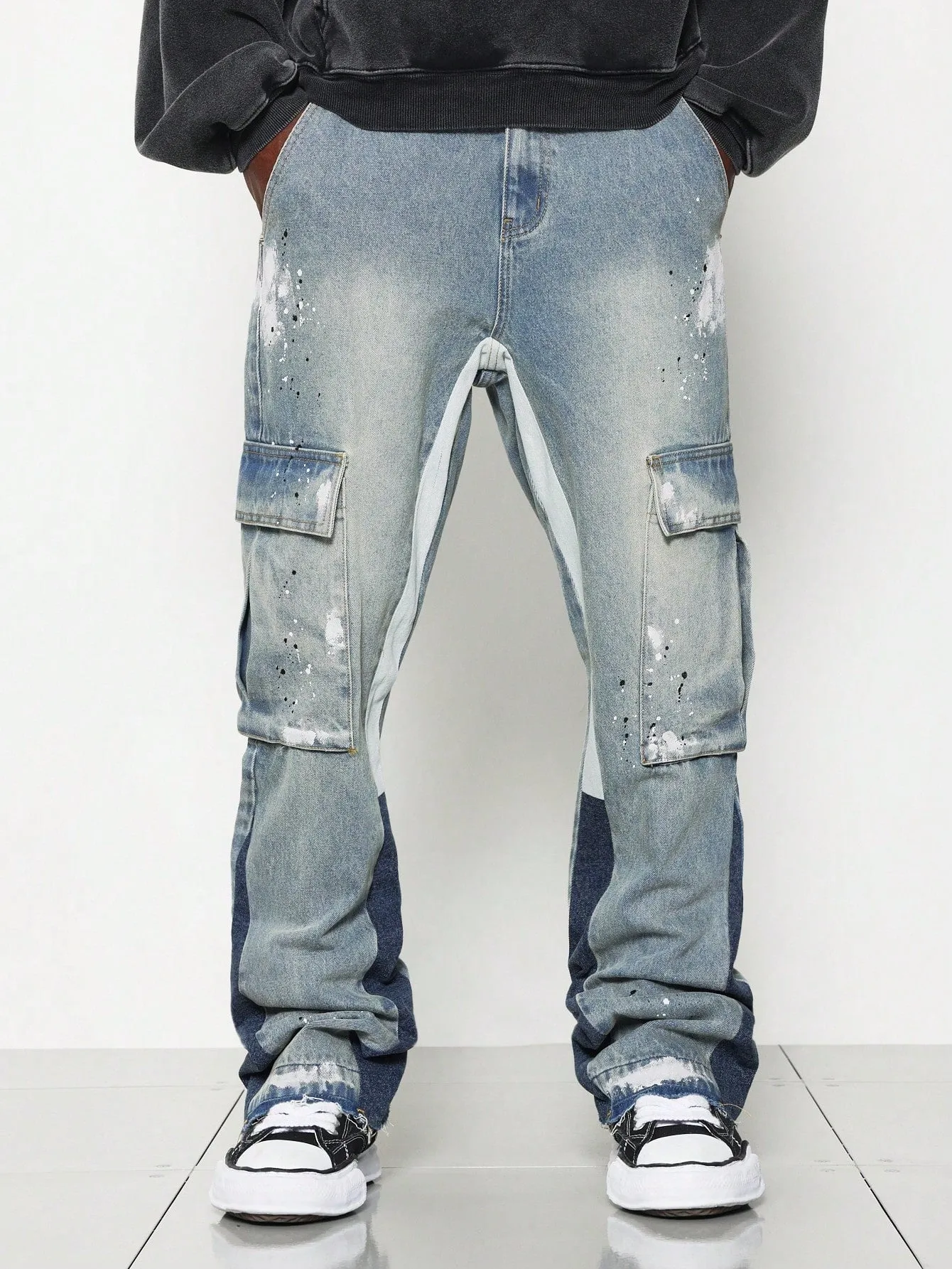 Flare Fit Colour Block Washed Raw Edge Cargo Jean With Splatter Paint