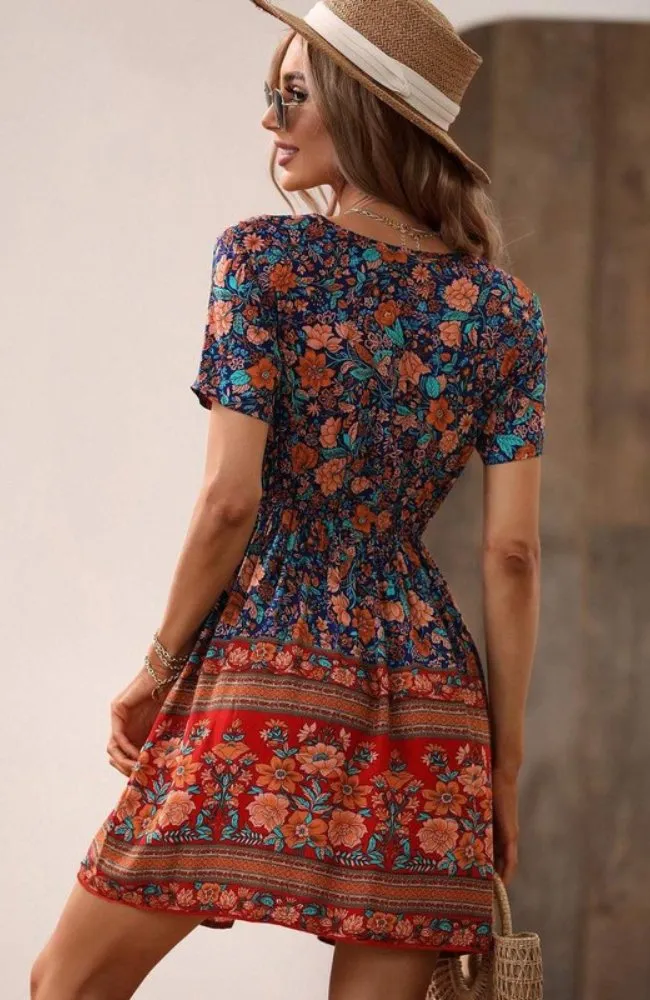 Floral Print Red & Blue Dress