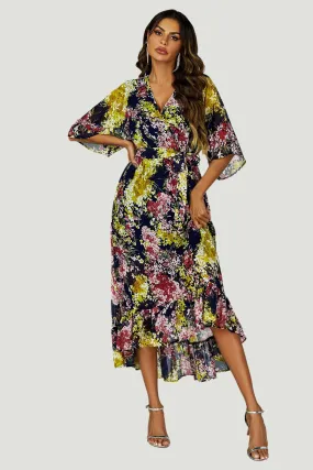 Floral Print Wrap Top Kimono Sleeve Maxi Dress In Navy