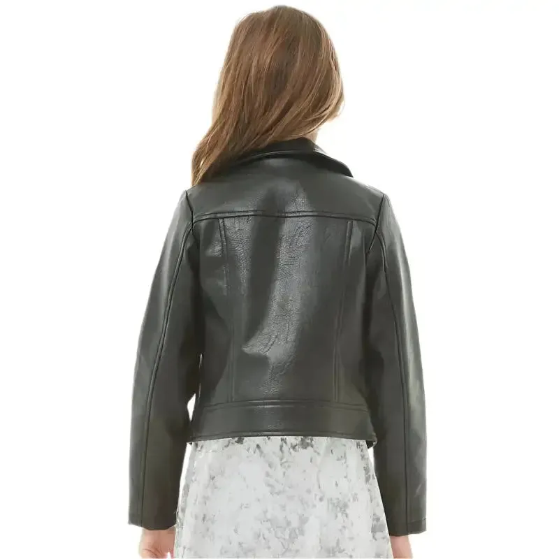 Girls Long Sleeves Black Leather Moto Jacket – Stylish & Durable