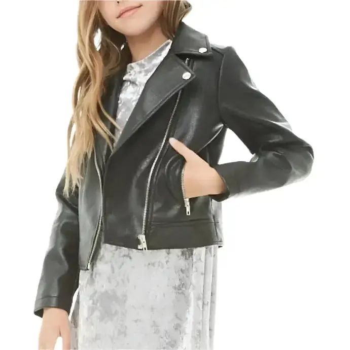 Girls Long Sleeves Black Leather Moto Jacket – Stylish & Durable