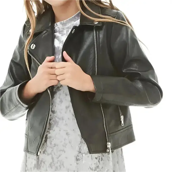 Girls Long Sleeves Black Leather Moto Jacket – Stylish & Durable