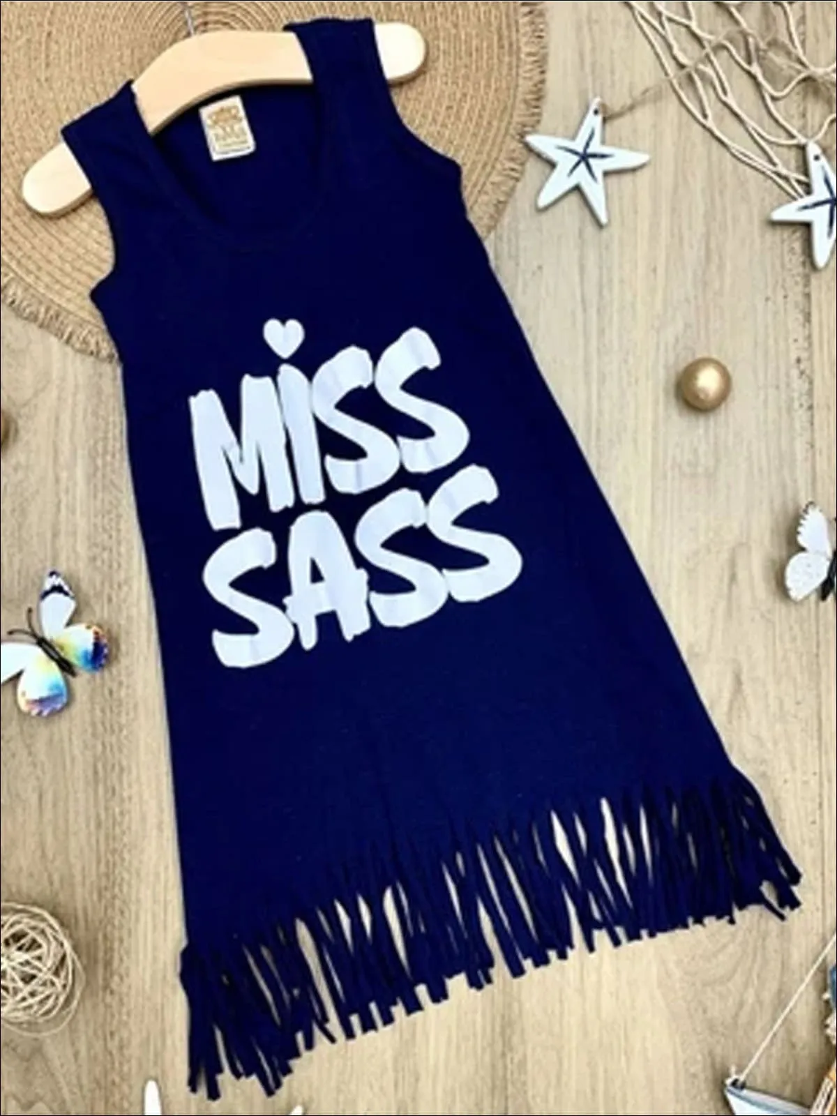 Girls Navy Sleeveless "Miss Sass" Graphic Fringe Dress