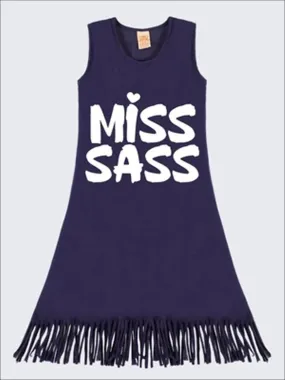 Girls Navy Sleeveless "Miss Sass" Graphic Fringe Dress