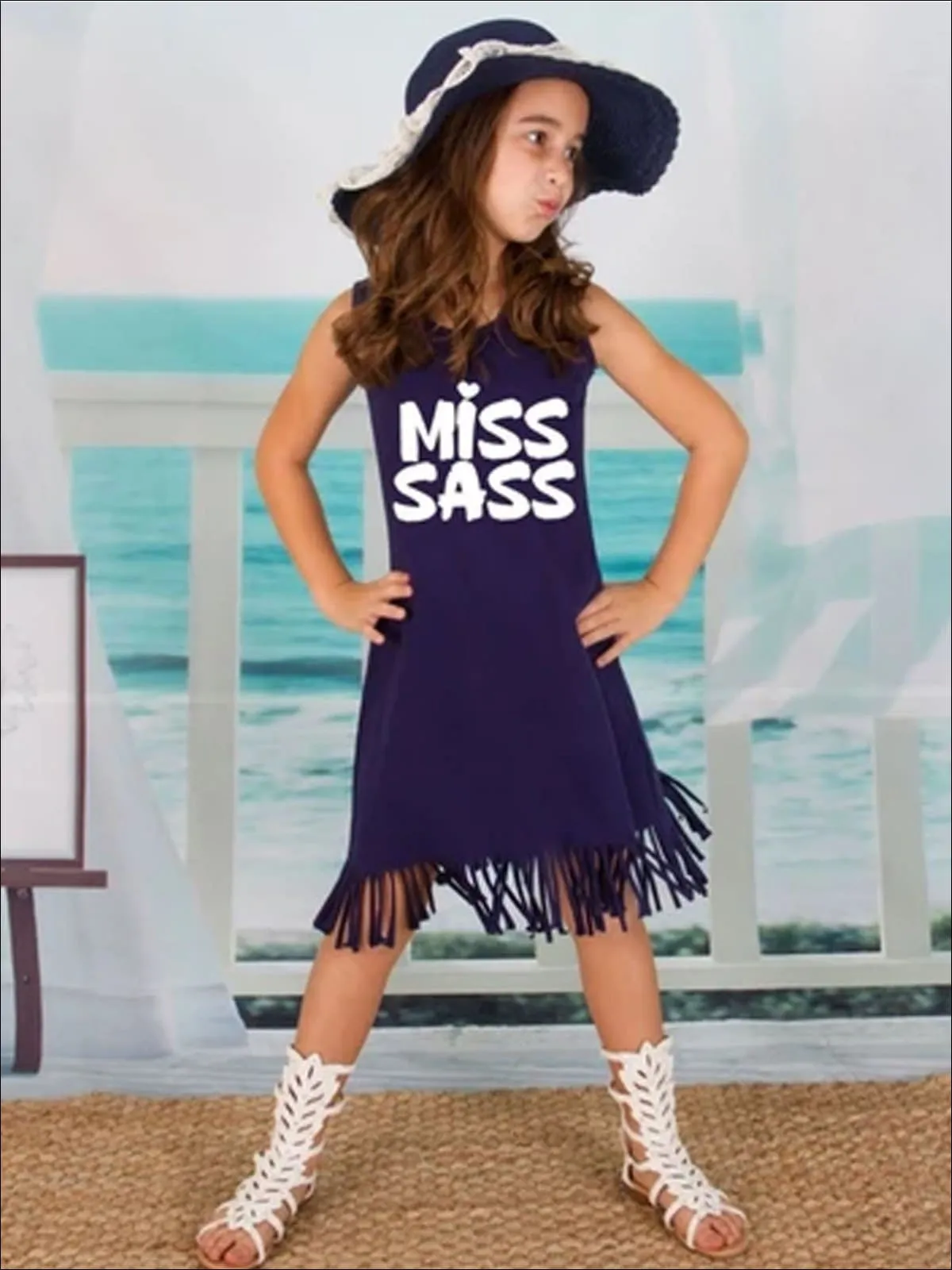 Girls Navy Sleeveless "Miss Sass" Graphic Fringe Dress