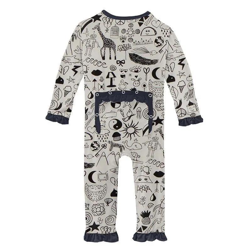 Girl's Print Bamboo Classic Ruffle Coverall with Zipper - Doodles