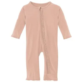 Girl's Solid Bamboo Muffin Ruffle Coverall with Zipper - Peach Blossom
