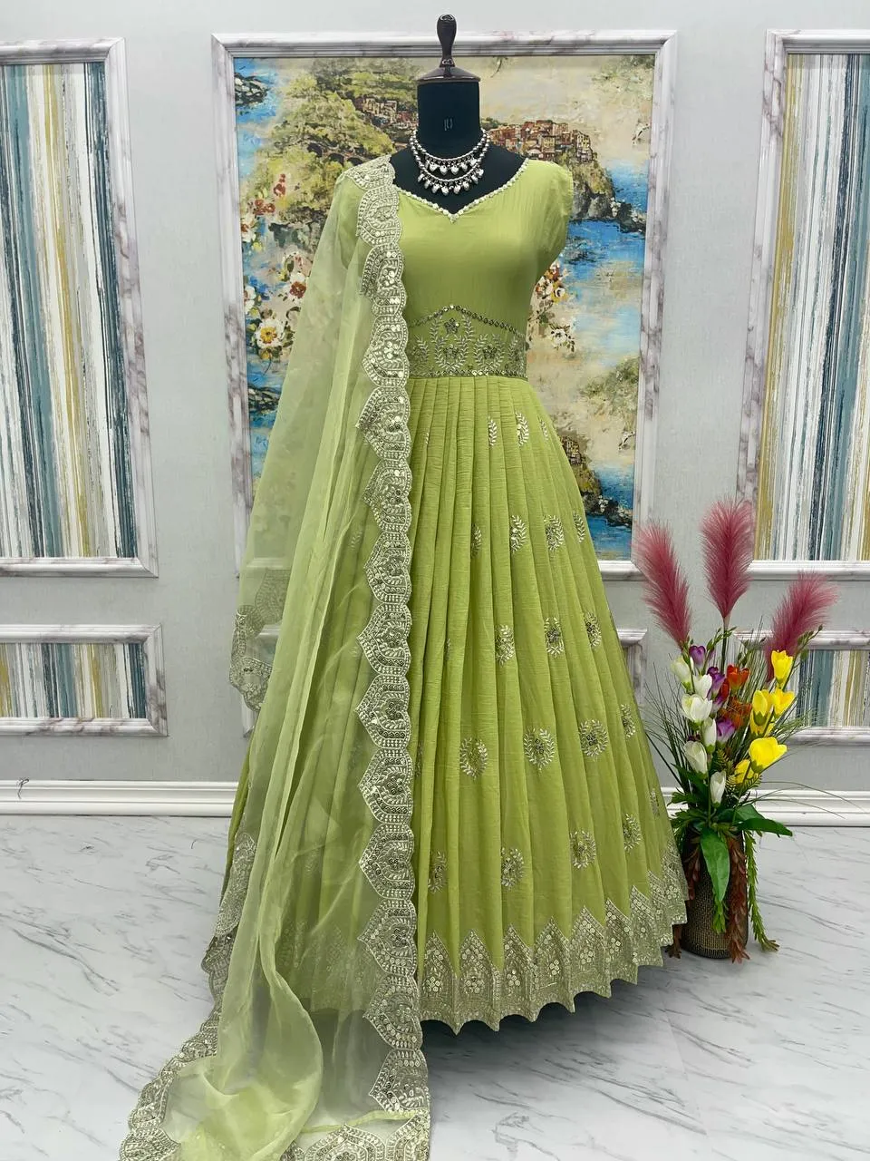 Glimmering Light Green Color Sequence Work Silk Gown
