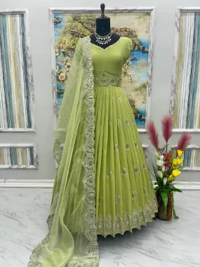 Glimmering Light Green Color Sequence Work Silk Gown