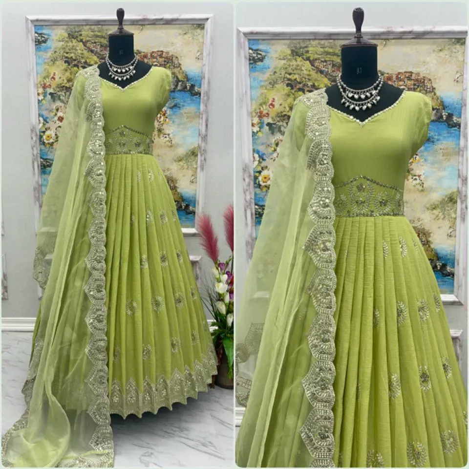 Glimmering Light Green Color Sequence Work Silk Gown