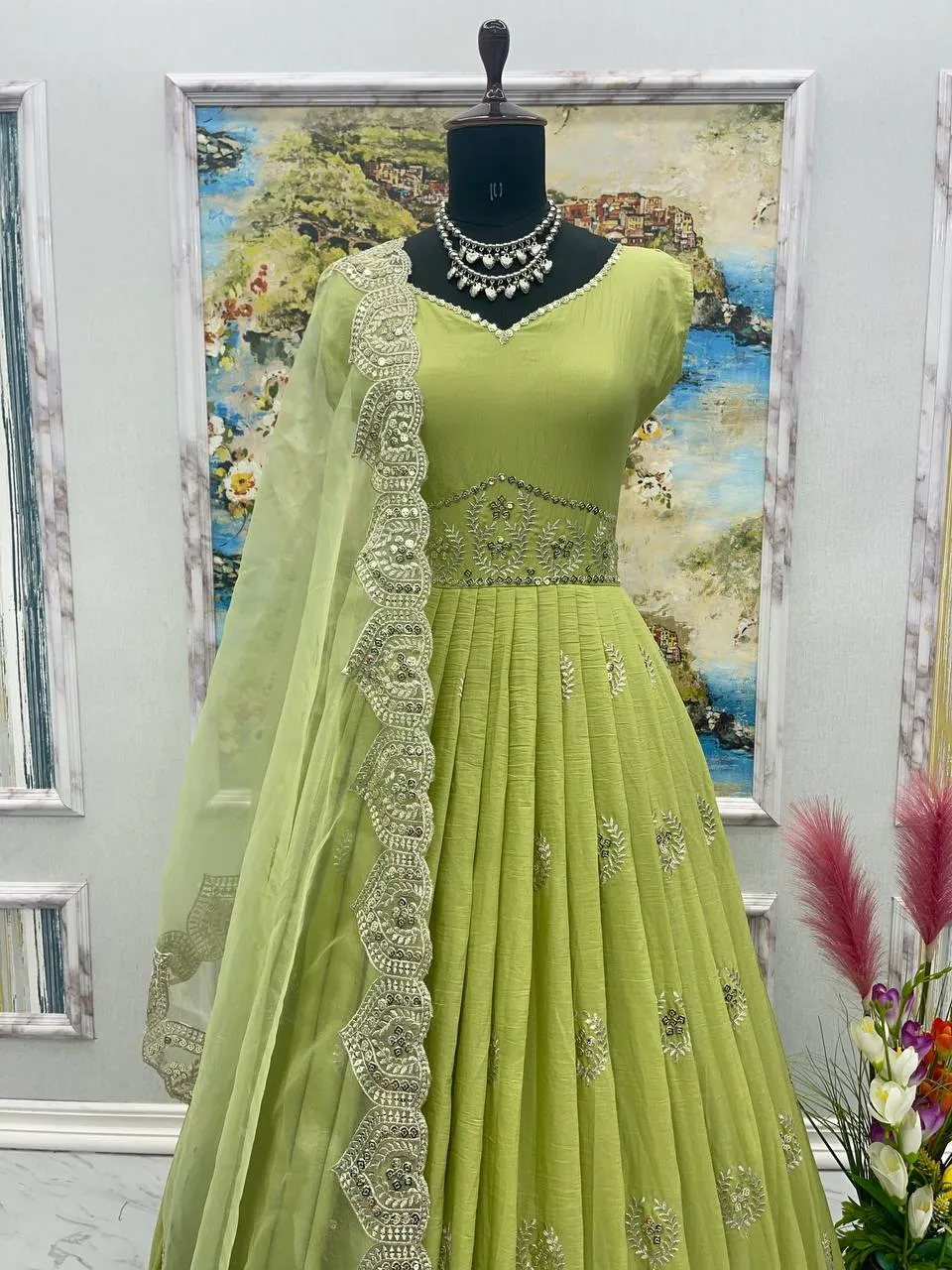 Glimmering Light Green Color Sequence Work Silk Gown