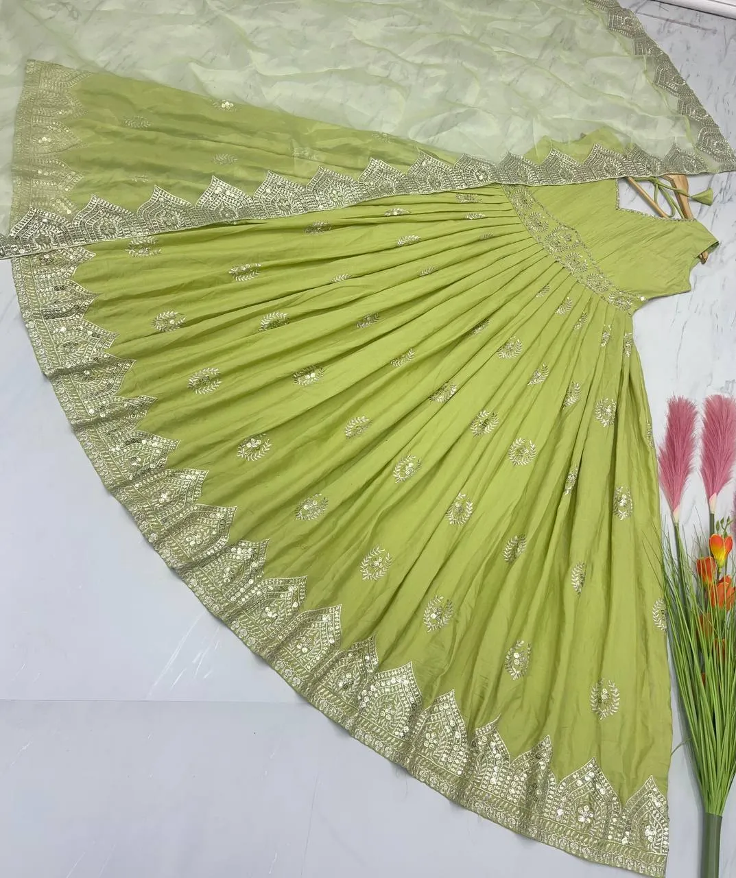 Glimmering Light Green Color Sequence Work Silk Gown