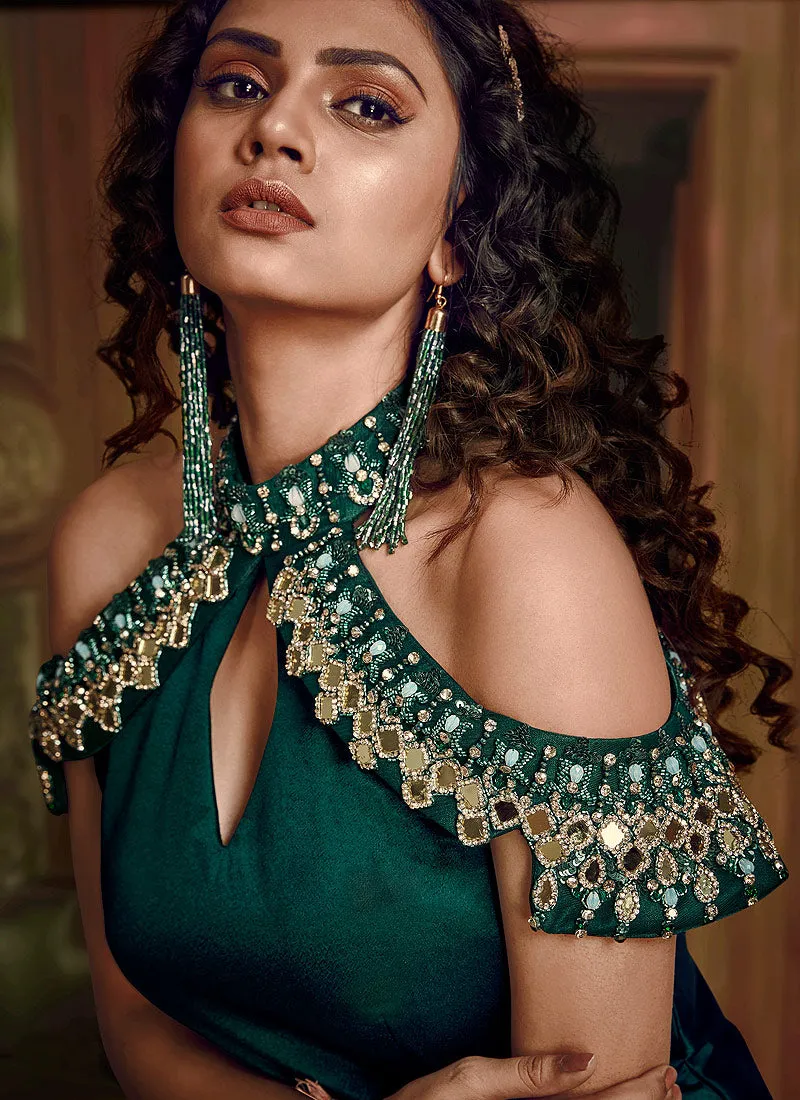 Green Embroidered Layered Indo Western Gown