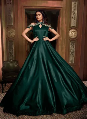 Green Embroidered Layered Indo Western Gown