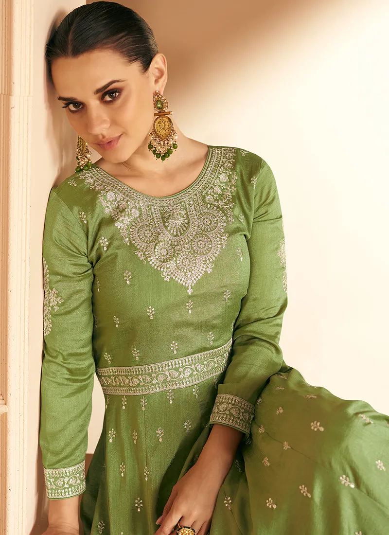 Green Silk Traditional Embroidery Wedding Anarkali Suit