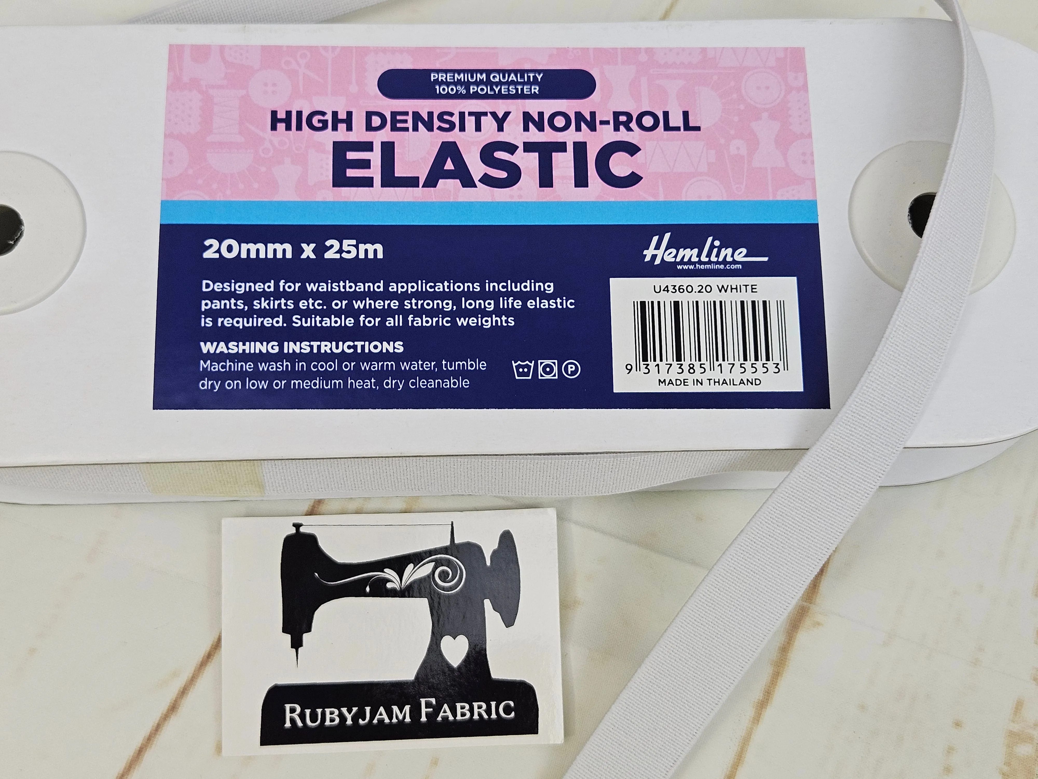 Hemline 25M High Density Non-Roll White Elastic (20mm wide) - clearance