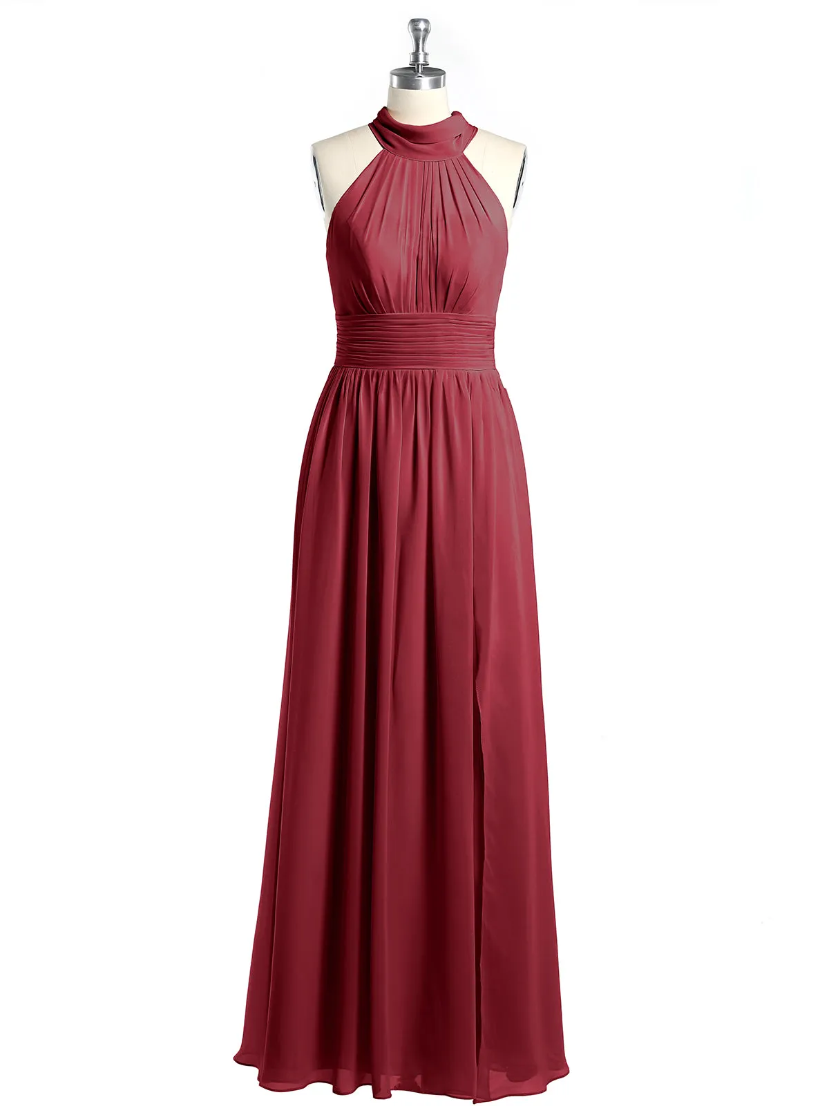 High Neck Full Length Dresses with Slit Burgundy Plus Size