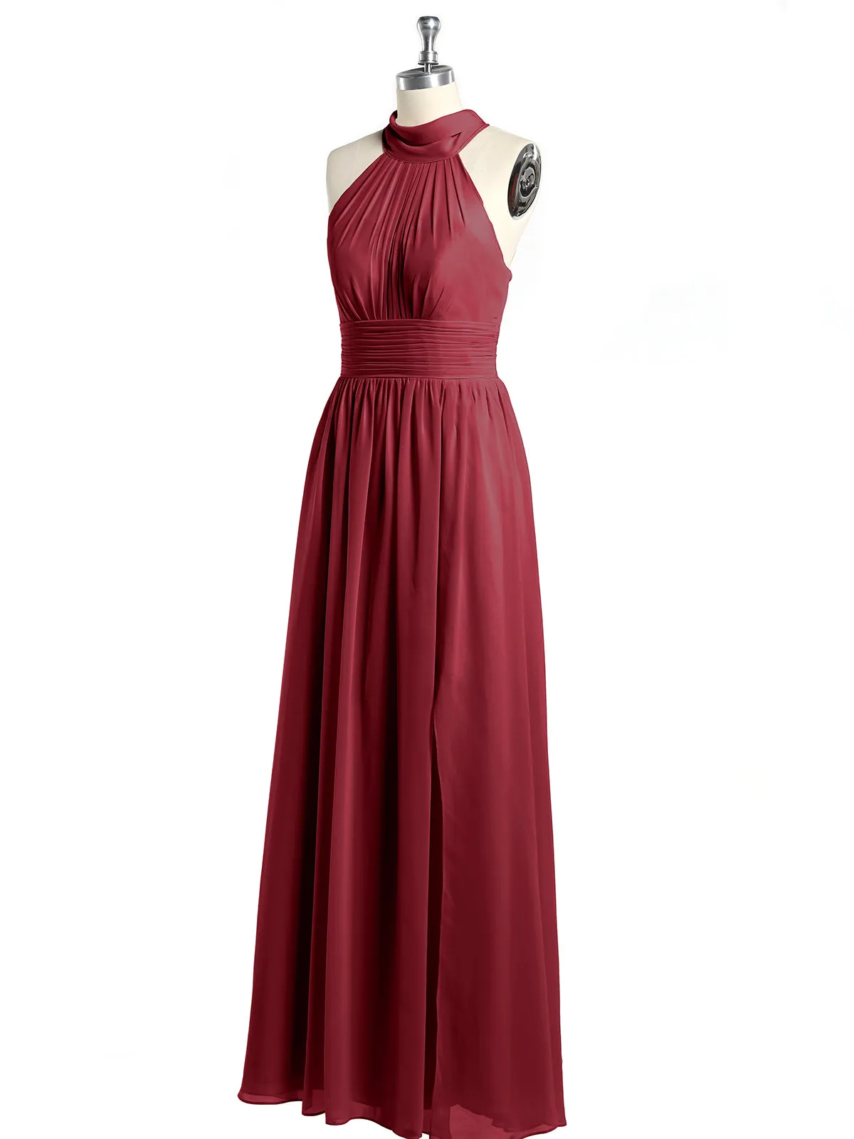 High Neck Full Length Dresses with Slit Burgundy Plus Size