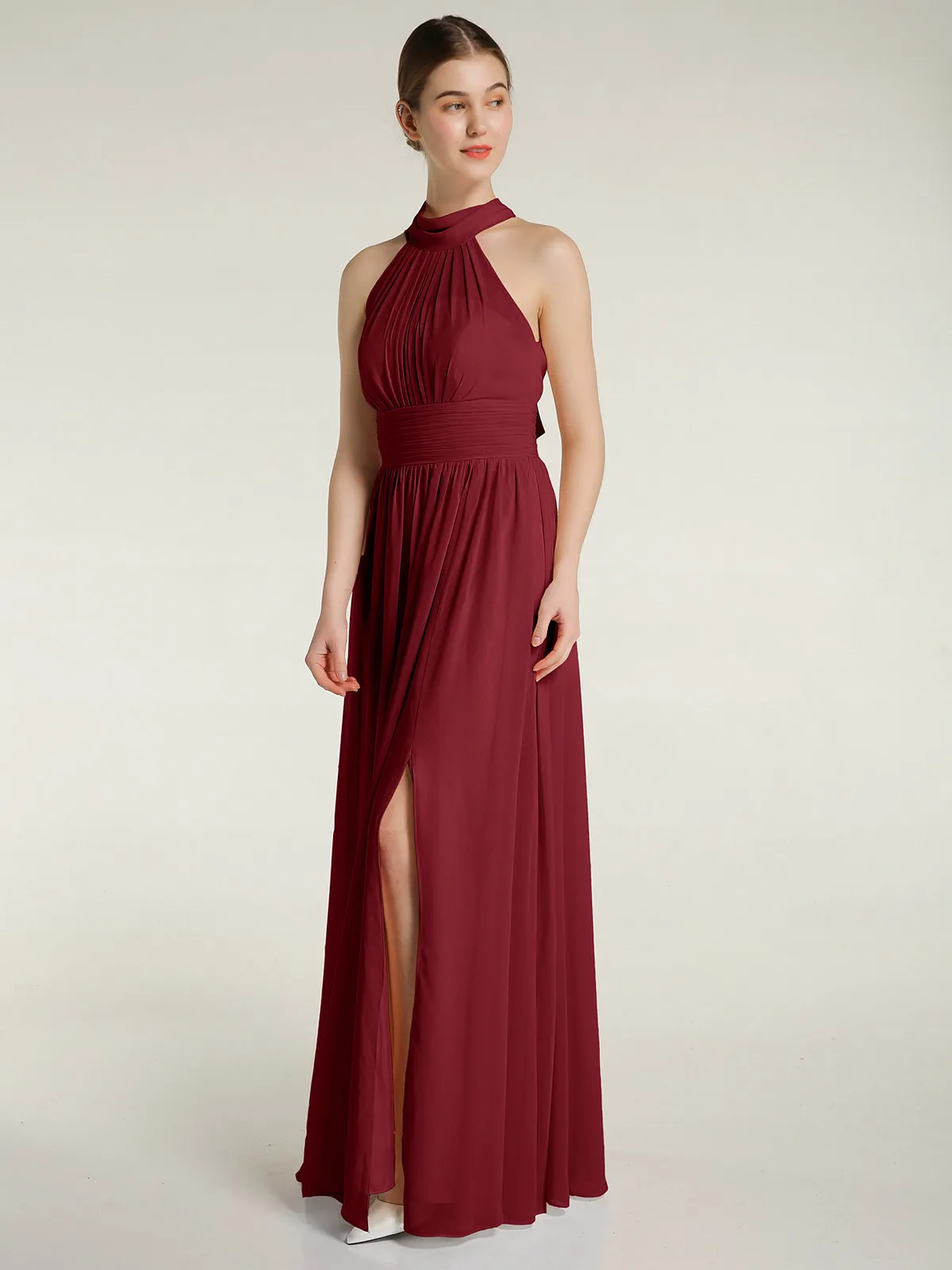 High Neck Full Length Dresses with Slit Burgundy Plus Size