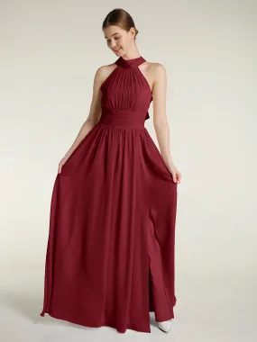High Neck Full Length Dresses with Slit Burgundy Plus Size