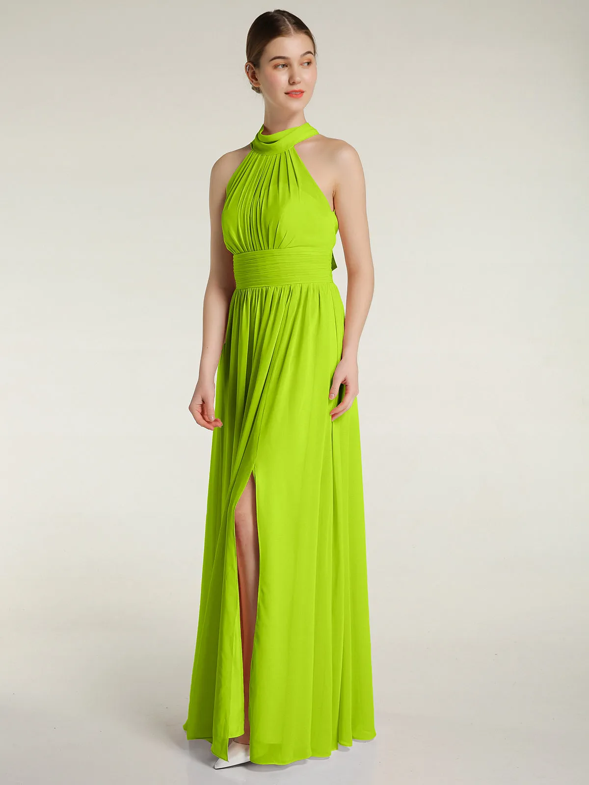 High Neck Full Length Dresses with Slit Lime Green