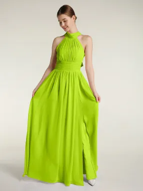 High Neck Full Length Dresses with Slit Lime Green