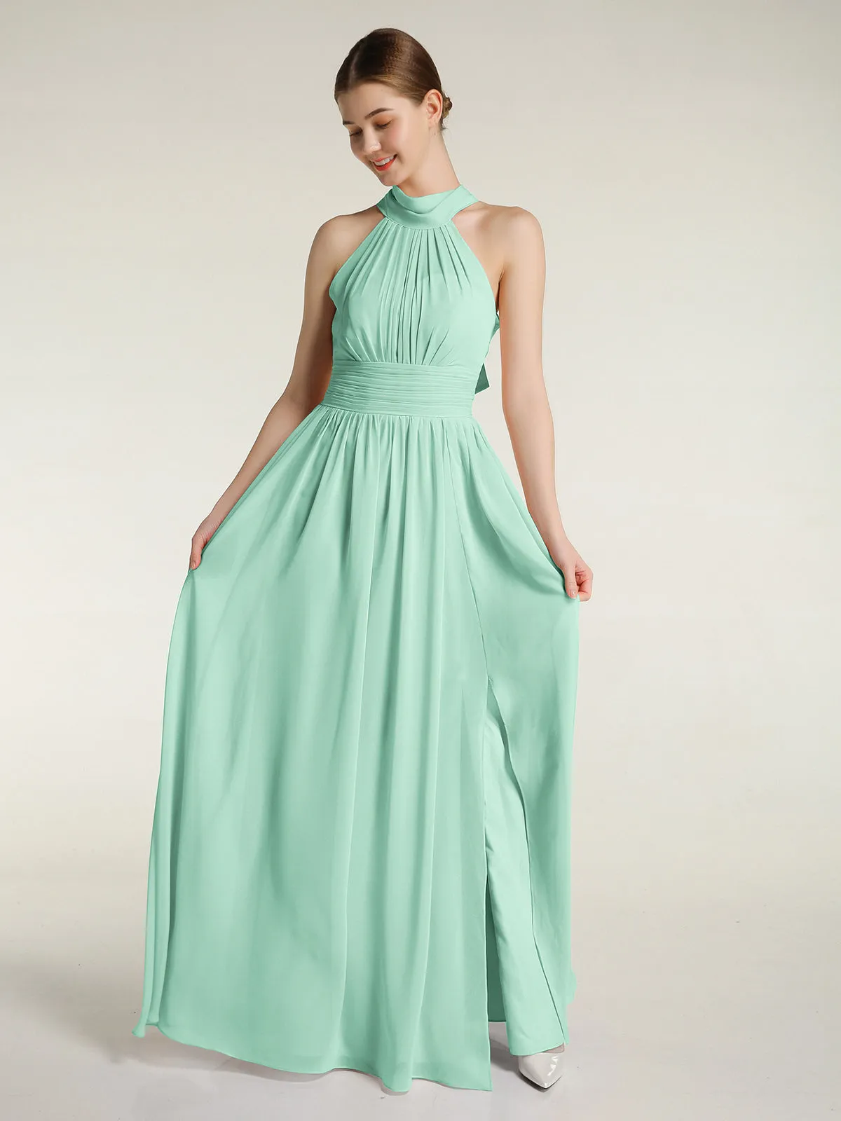 High Neck Full Length Dresses with Slit Mint Green Plus Size
