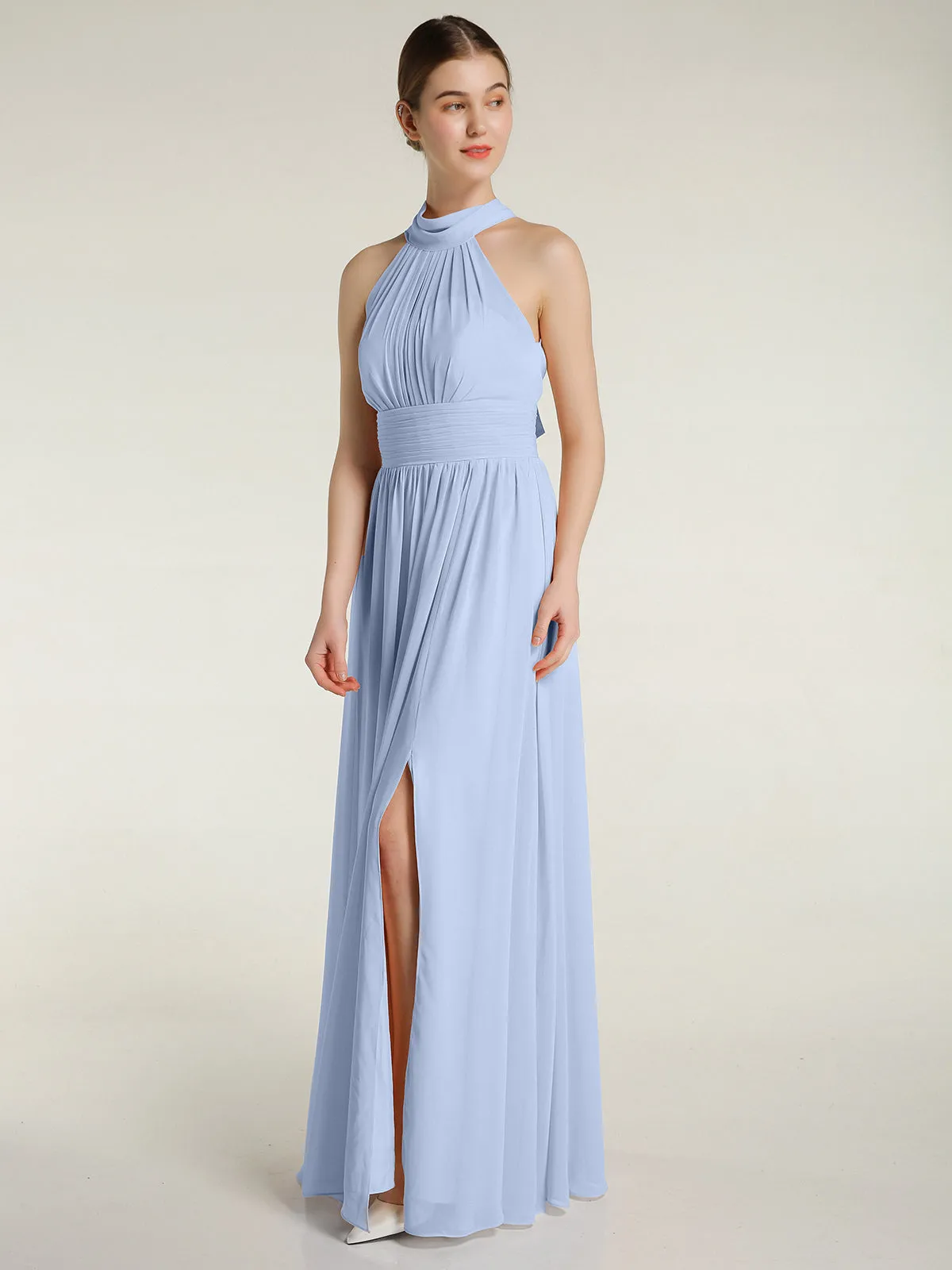 High Neck Full Length Dresses with Slit Sky Blue