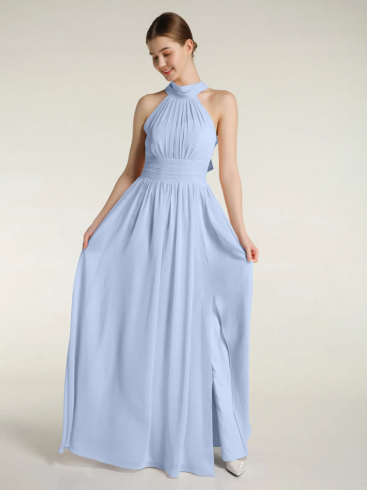 High Neck Full Length Dresses with Slit Sky Blue