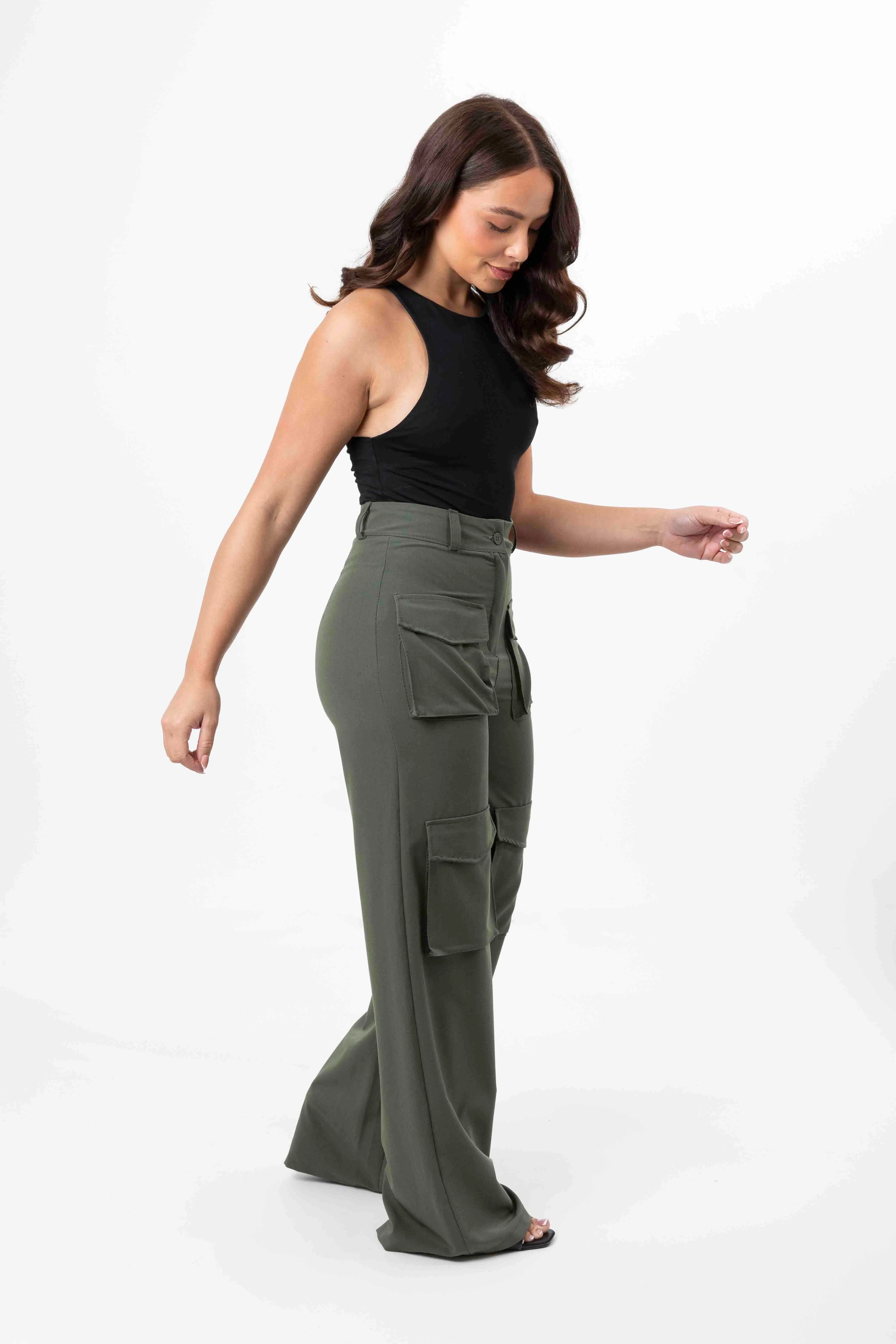 High Rise Large Pocket No Stretch Wide Leg Cargo Trousers