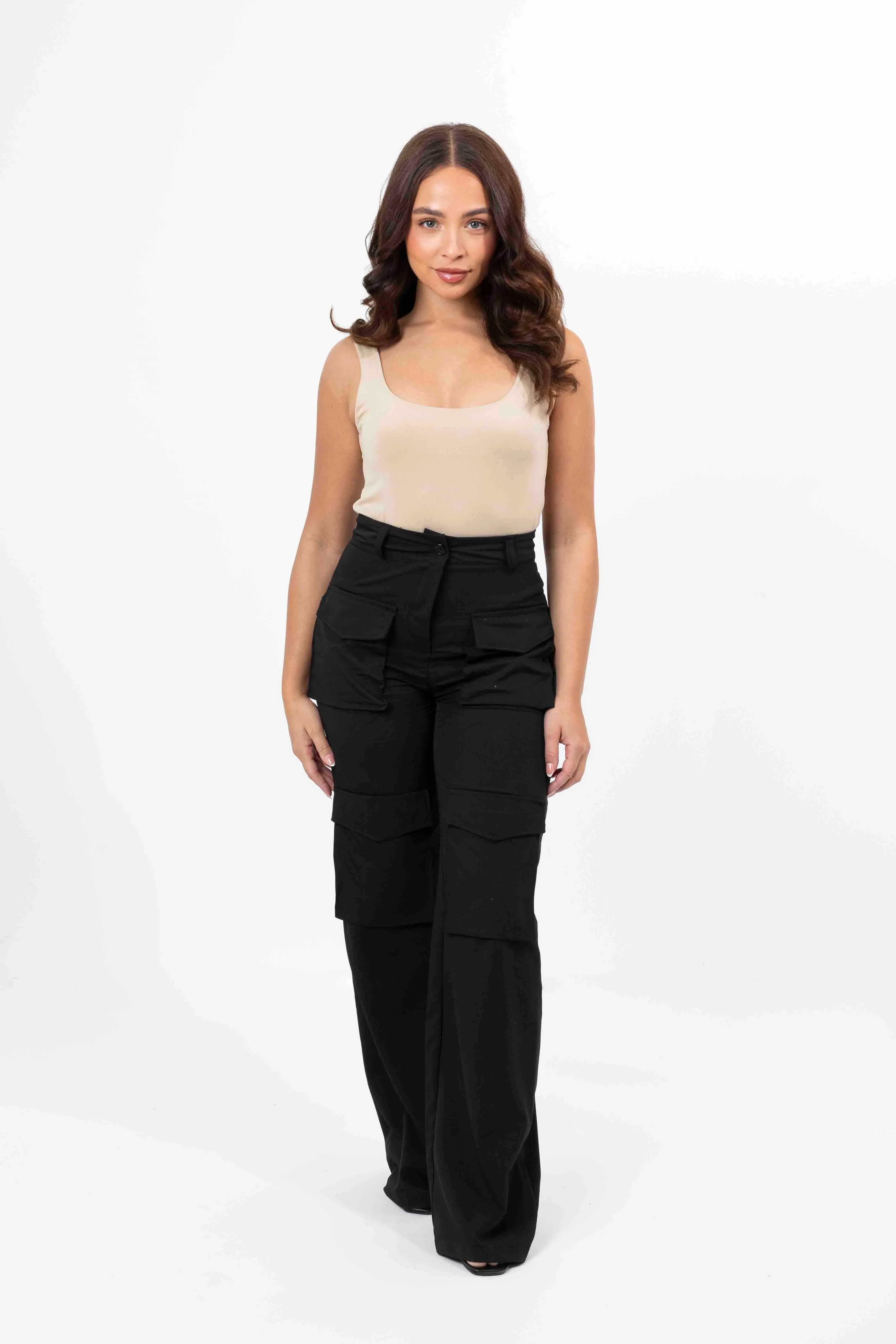 High Rise Large Pocket No Stretch Wide Leg Cargo Trousers