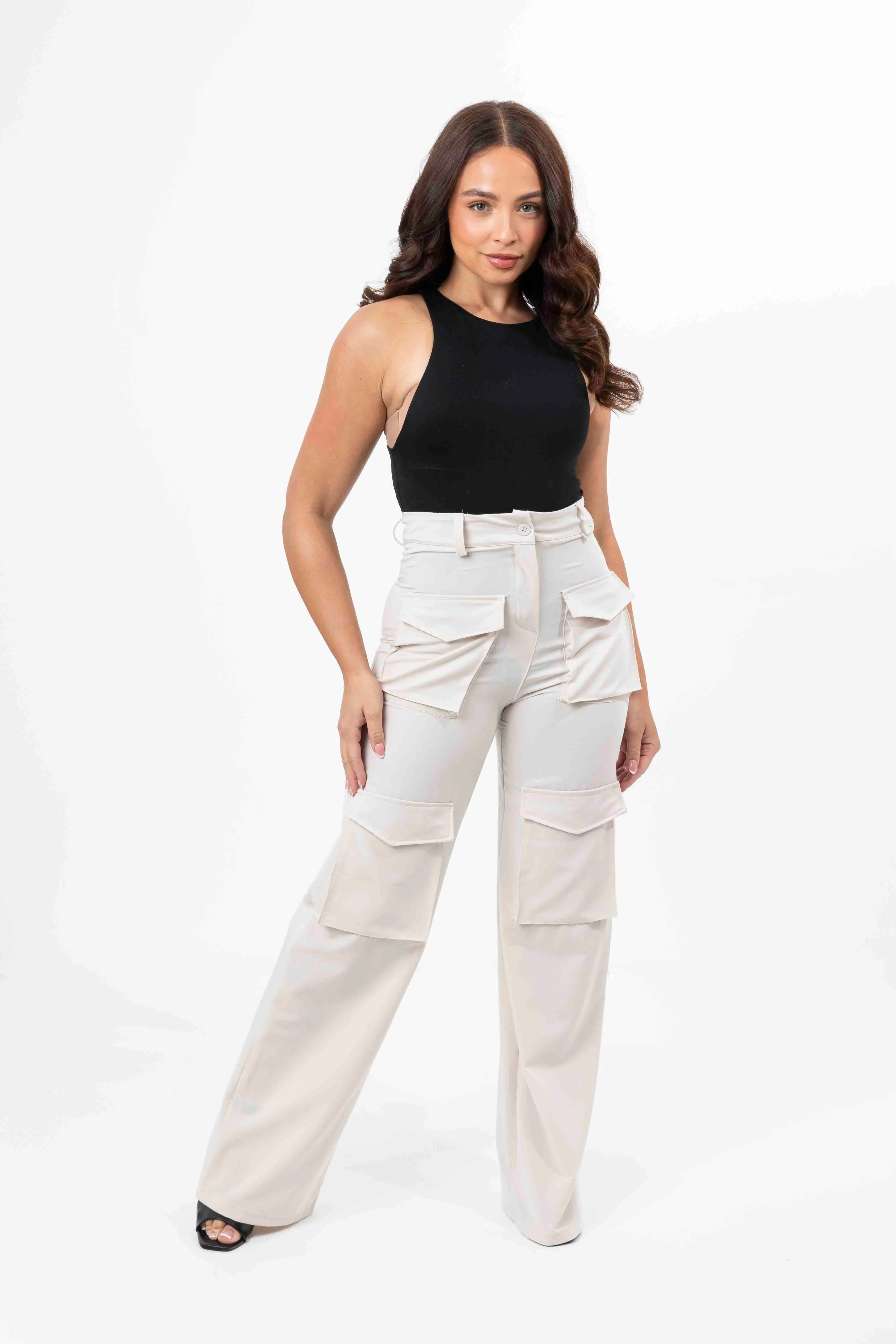 High Rise Large Pocket No Stretch Wide Leg Cargo Trousers