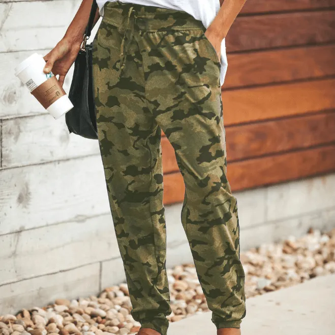 High Waist Camouflage Elastic Waist Elastic Ankle Pants