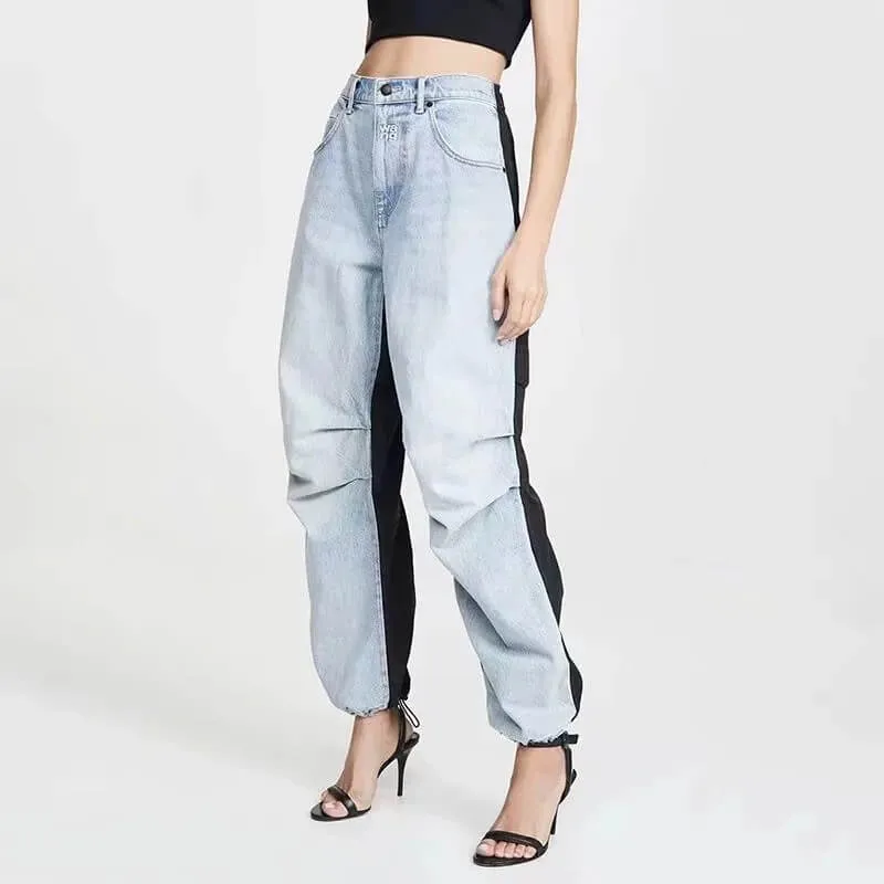 High Waist Elastic Ankle Patchwork Denim Pants