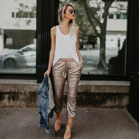 High Waist Elastic Waist Sequins Pants