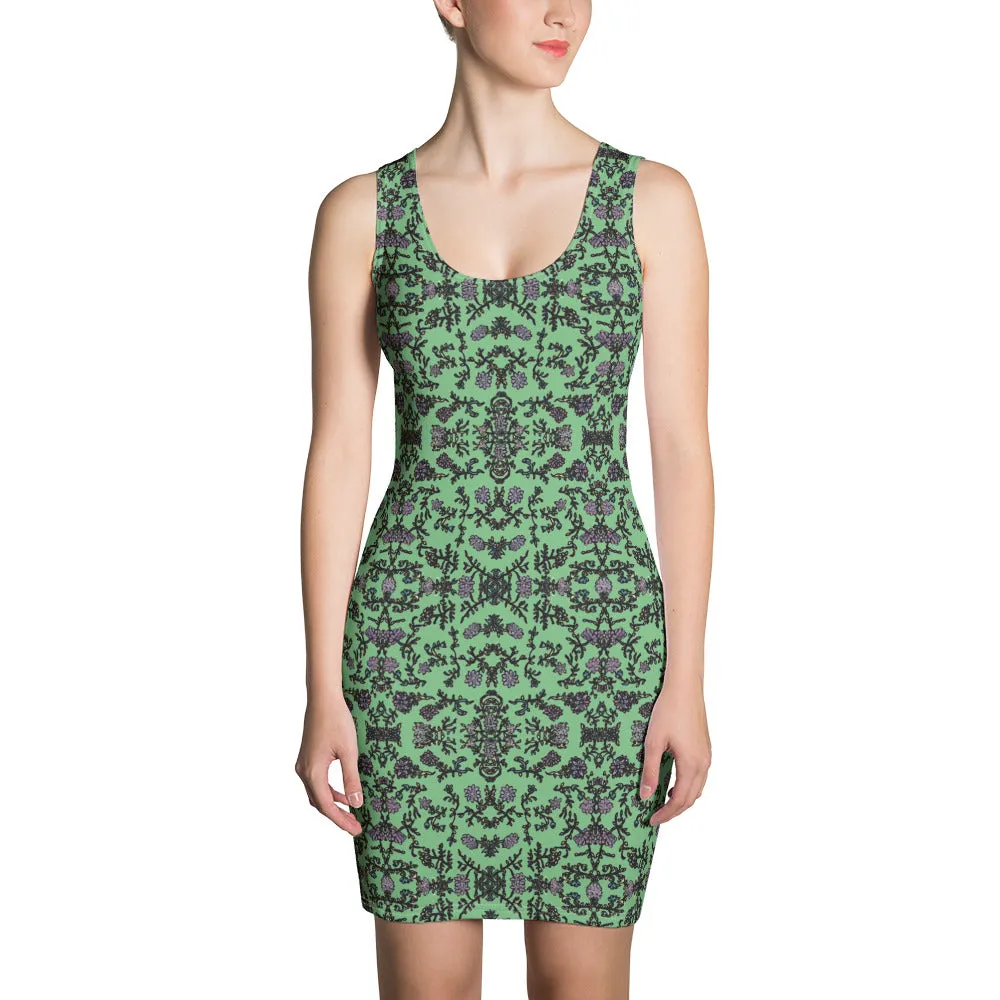 Jade Green Floral Print Dress, Flower Print Classic Tank Sleeveless Comfy Dress- Made in USA/EU/MX