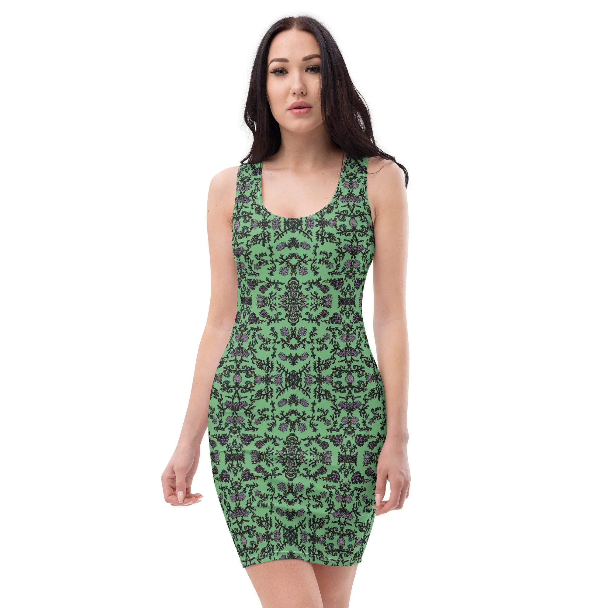 Jade Green Floral Print Dress, Flower Print Classic Tank Sleeveless Comfy Dress- Made in USA/EU/MX