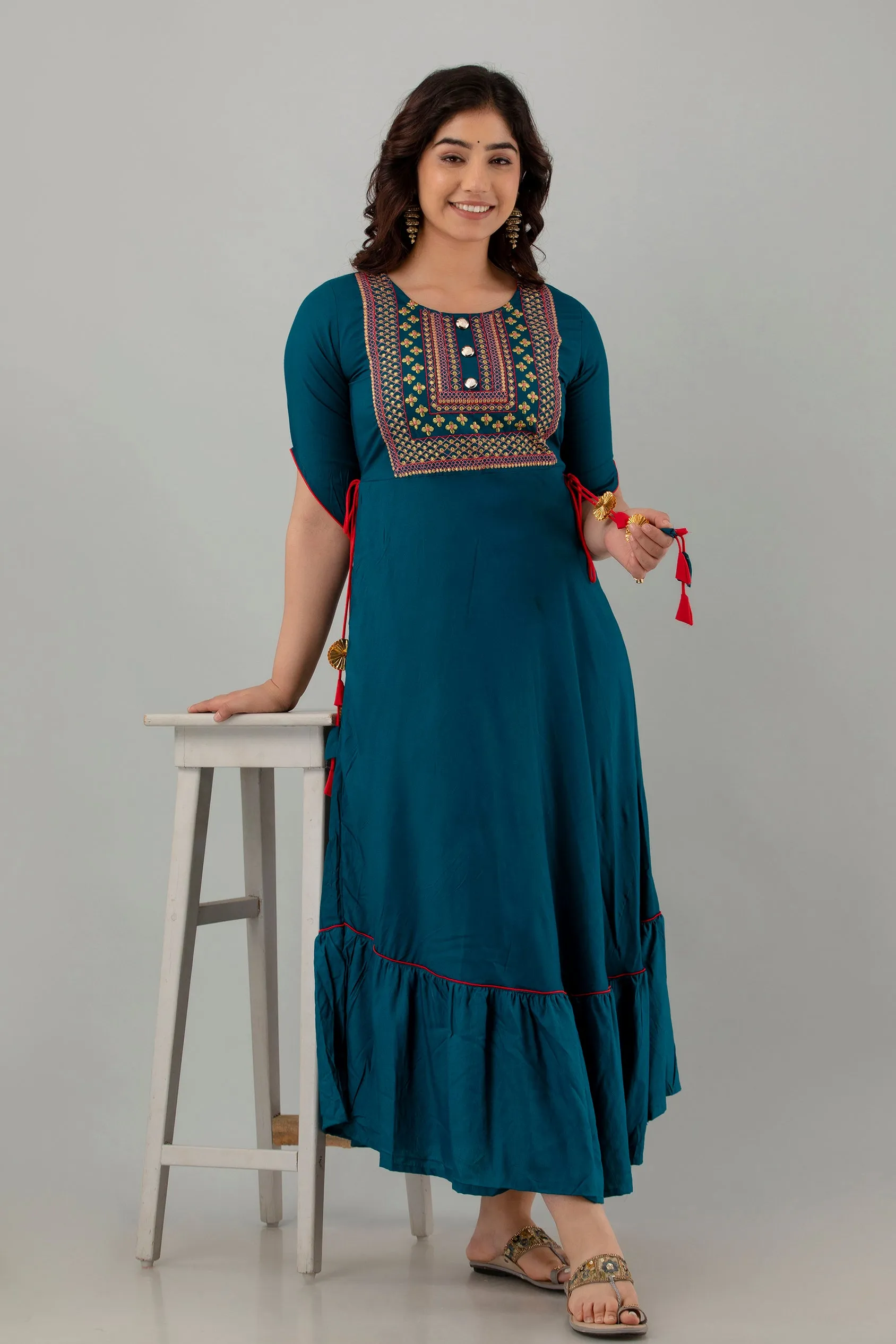 Jaipurite Plain Embroidery Flared Long Wedding Dress