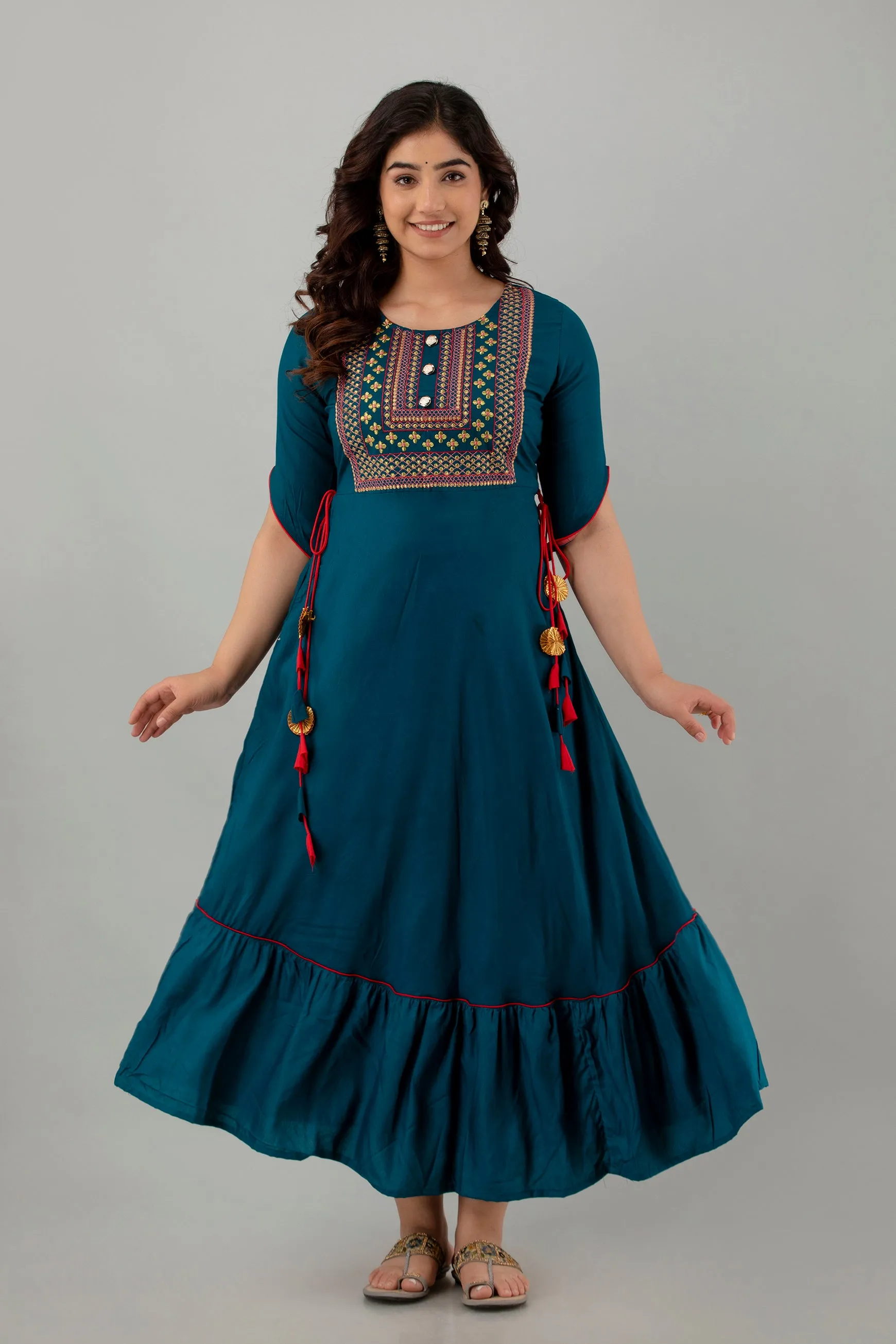 Jaipurite Plain Embroidery Flared Long Wedding Dress
