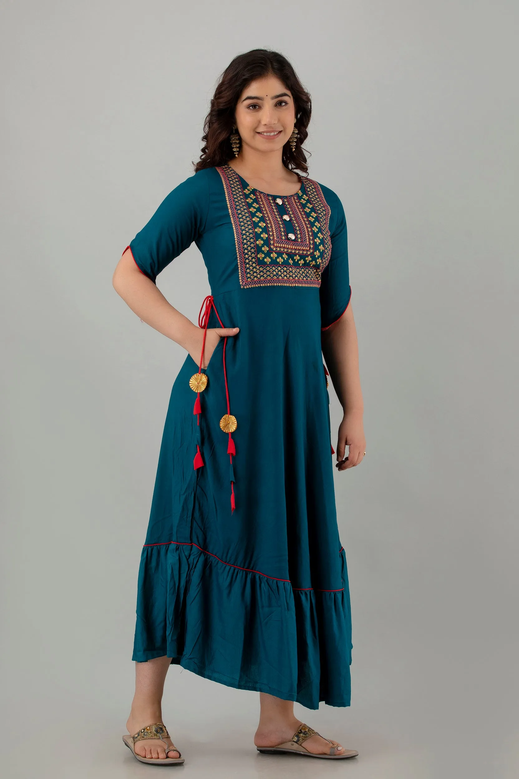 Jaipurite Plain Embroidery Flared Long Wedding Dress