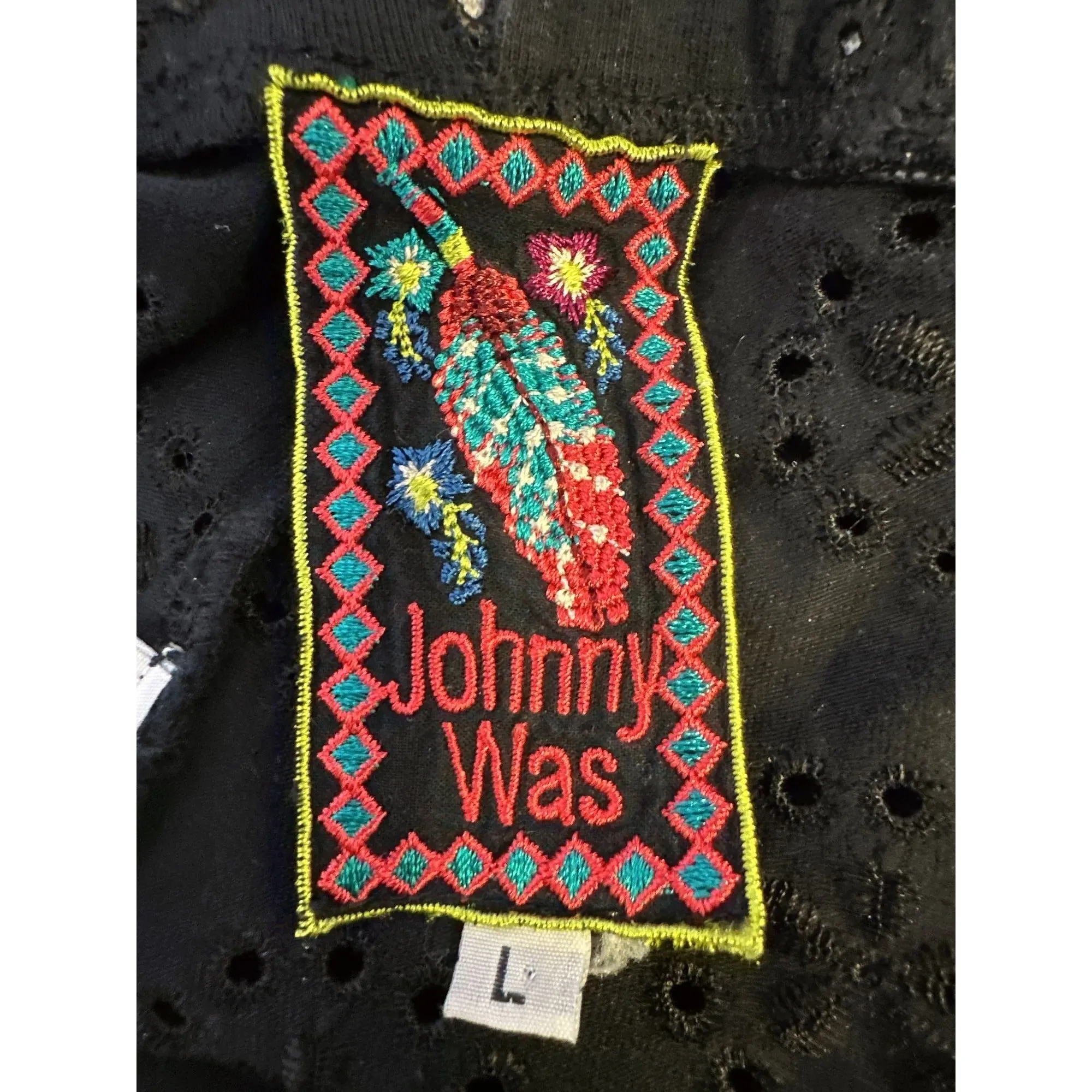 Johnny Was Black Eyelet Embroidered Cotton Elastic Waist Pants Size L