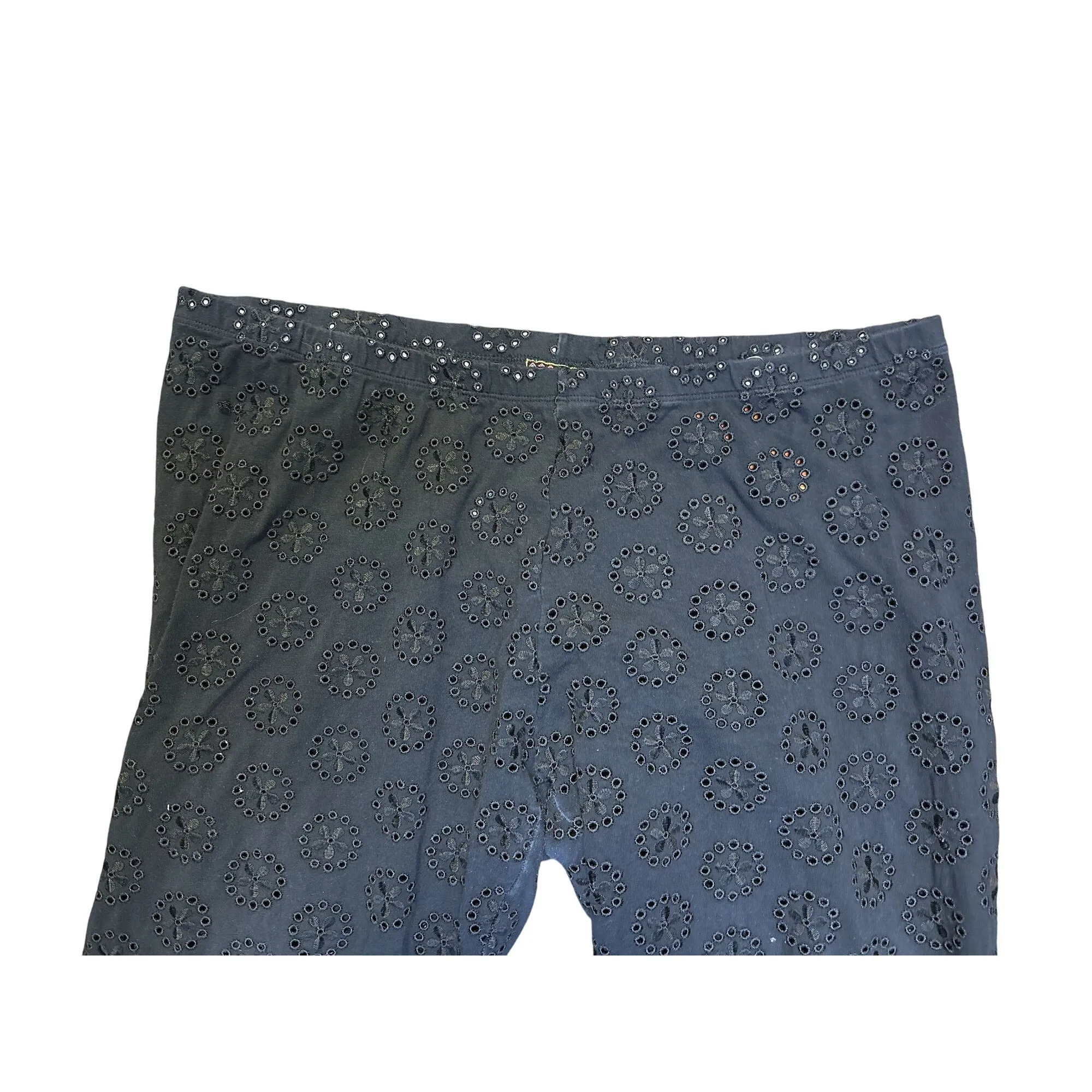 Johnny Was Black Eyelet Embroidered Cotton Elastic Waist Pants Size L