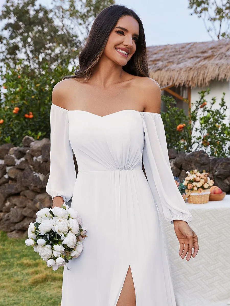Julia off shoulder ivory chiffon wedding dress with split