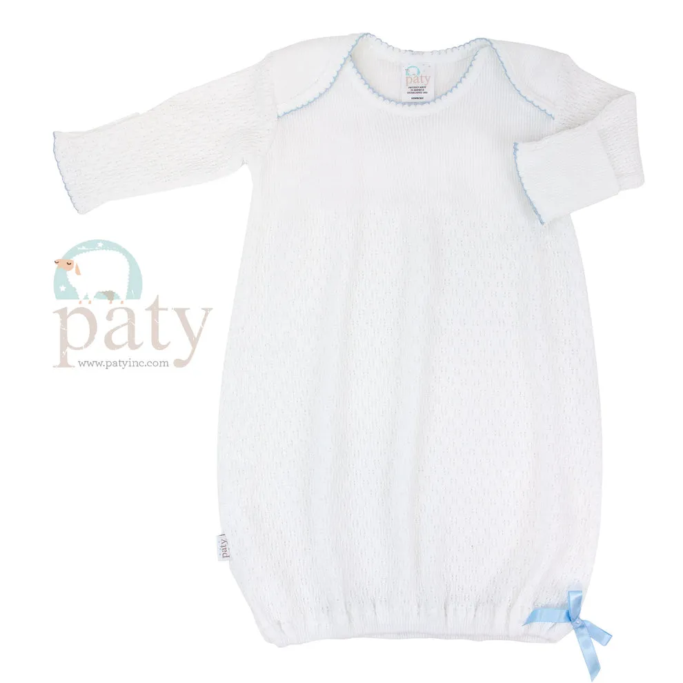 Knit Overlap Shoulder Gown - Blue Trim & Bow