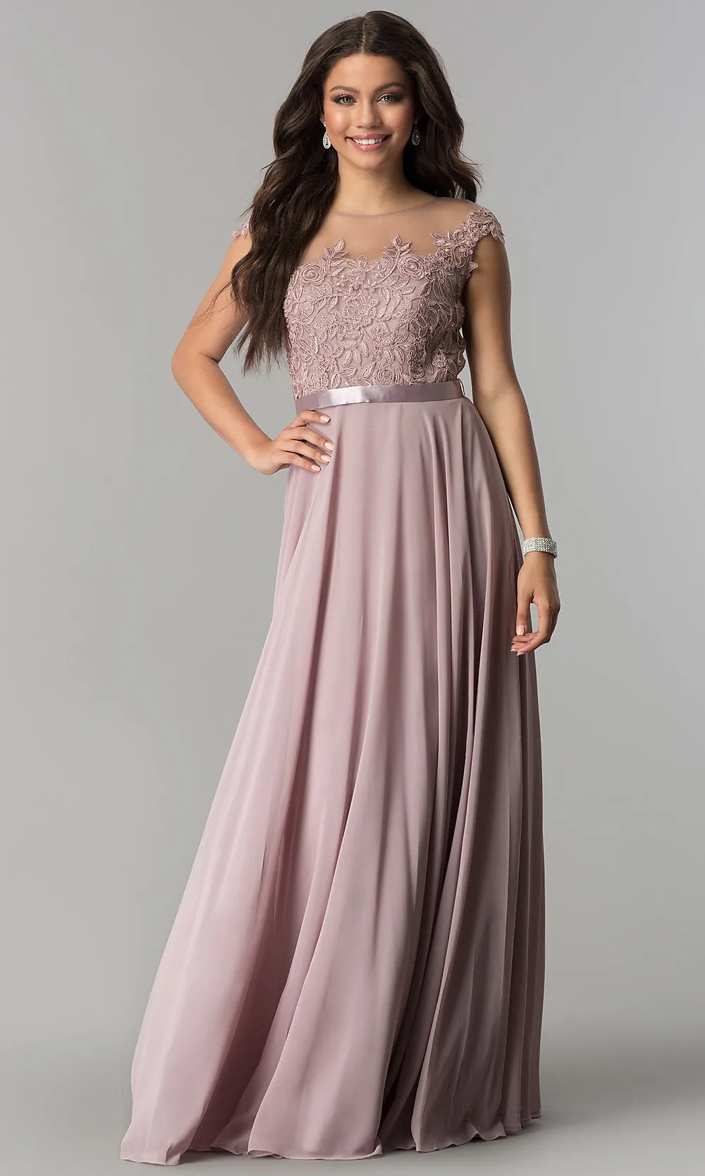 Lace-Bodice Long A-Line Chiffon Prom Gown 2121