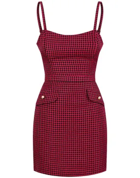 Ladies Red Dogtooth Print Sleeveless Pinafore Mini Dress