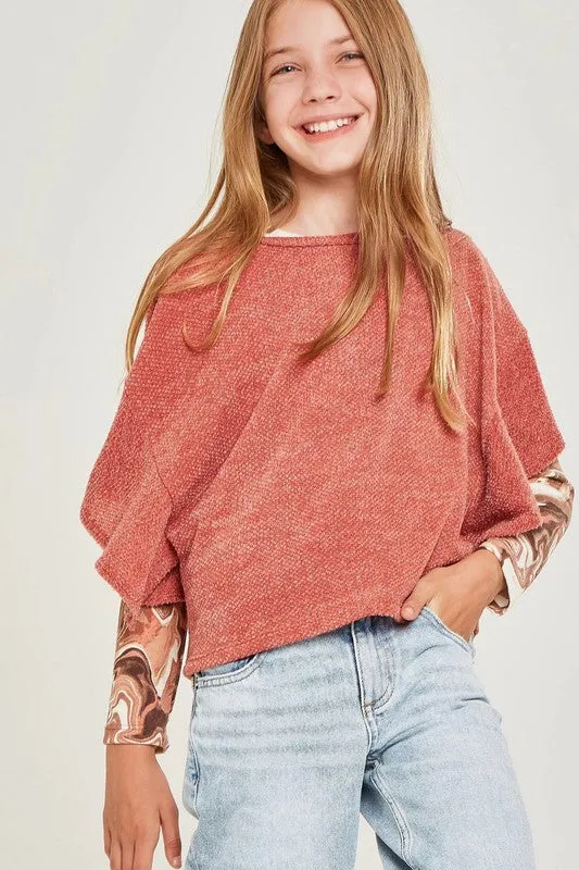 Lavendar Chunky Knit Cropped Pullover Ruffle Sweater