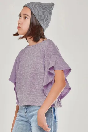 Lavendar Chunky Knit Cropped Pullover Ruffle Sweater