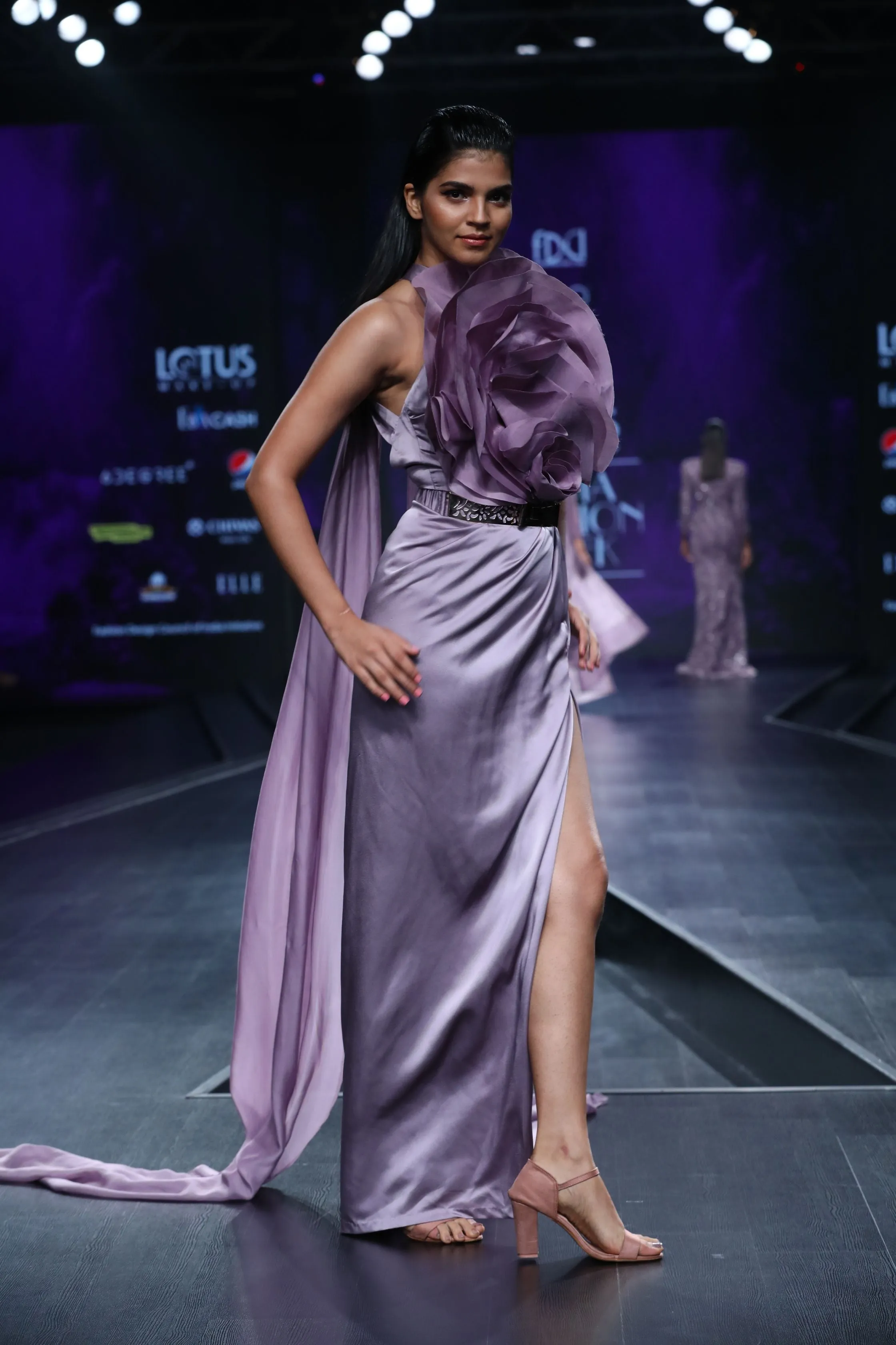 Lavender Pillar Gown With Floral Drape
